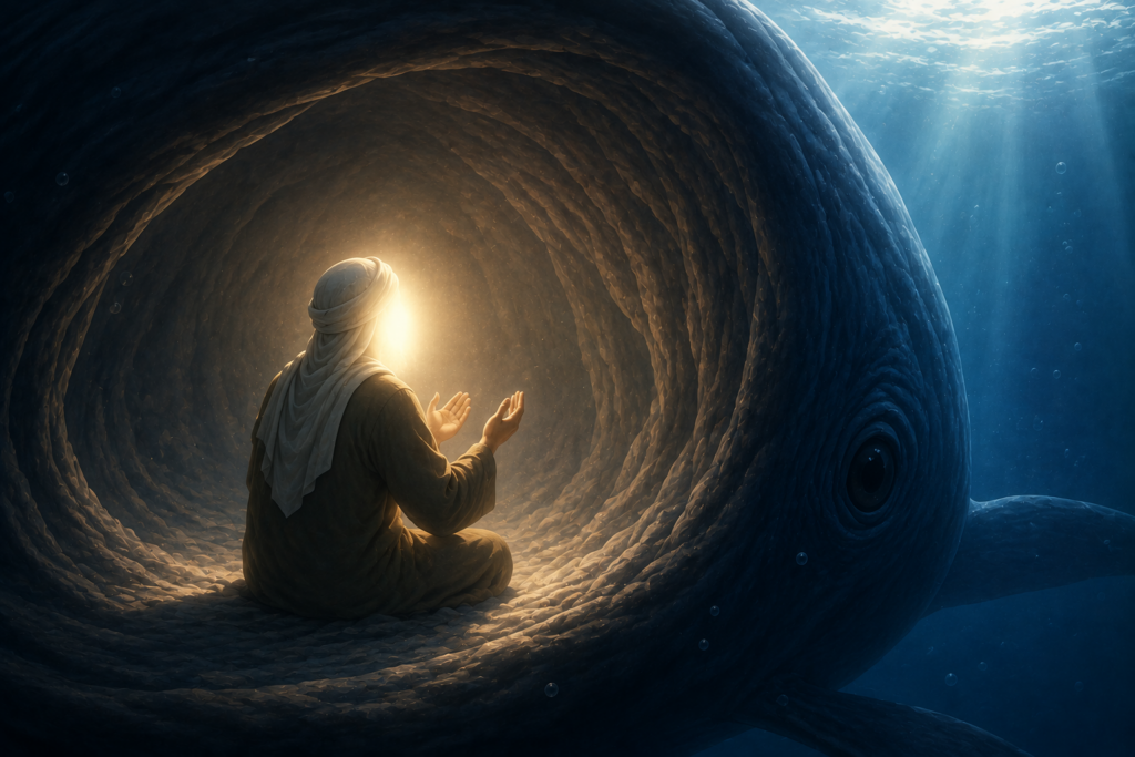Ilustrasi kisah Nabi Yunus AS saat berdoa di dalam perut ikan sebagai pelajaran tentang taubat dalam Islam.
