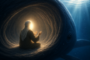 Ilustrasi kisah Nabi Yunus AS saat berdoa di dalam perut ikan sebagai pelajaran tentang taubat dalam Islam.